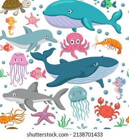 Marine life, pattern, sea animals and fish, various poses and situations, drawing, vector, images, cartoon