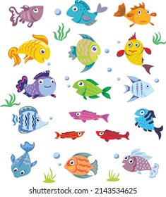 Marine life, pattern, sea animals and fish, various poses and situations, drawing, vector, images, cartoon