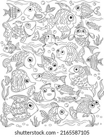 Marine life, pattern, sea animals and fish, various poses and situations, drawing, vector, images, cartoon