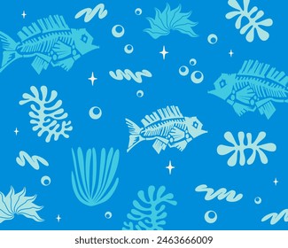 Marine life pattern turquoise background fish, coral illustration vector art print fabric textile apparel editable