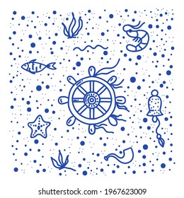 Marine life pattern in vector. Hand-drawn illustration of a rudder from a ship, the bottom of the sea. Sea background with inhabitants. Vector illustration