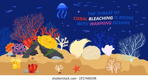 Marine life problems. Coral reef dying. Underwater world ecological crisis. Corals bleaching. Ocean warming. Vertical graphic design in a flat cartoon style. Vector illustration in bright colors