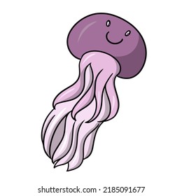 Marine life, purple jellyfish with a smile and long appendages, vector illustration in cartoon style on a white background