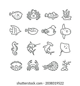 Marine life related icons: thin vector icon set, black and white kit