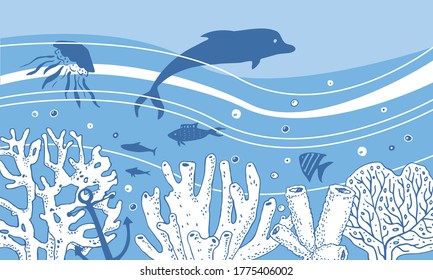 Marine life scene. Composition with dolphin, fishes, seabed with corals and ocean. Hand drawn vector sketch illustration in blue colors 