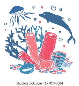 Marine life scene. Corals, dolphin and medusa. Vector sketch colorful illustration