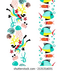 Marine Life Scuba Diving Vector Seamless Vertical Borders Set