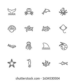 Marine Life, Sea Animal outline icons set - Black symbol on white background. 