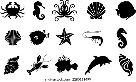 marine life. sea life animals. aquatic animal silhouette vector illustration isolated on white