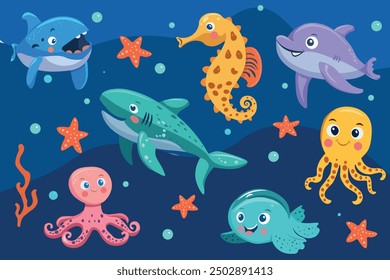 Marine life, sea animals - sea horse, star, octopus, turtle, shark, fish, jellyfish, dolphin, whale. Cute cartoon vector illustration in flat style