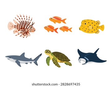 Marine life and sea creatures set including Lionfish, Anthias, Yellow Boxfish, Shark, Sea Turtle, and Manta Ray vector illustration isolated on white background. Clean modern flat style collection for ocean conservation, aquarium, and underwater biodiversity.