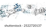 Marine life, sea ocean underwater creatures fish, shells algae seaweed, Ink and pen sketch hand drawn. Seamless banner illustration, stylized, isolated on white. For zoo shop, aquarium, fabric decor