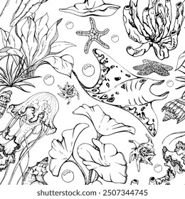 Marine life, sea ocean underwater creatures fish, shells algae seaweed, Ink and pen sketch hand drawn. Seamless pattern illustration, stylized, isolated on white. Zoo shop, aquarium, cosmetics, resort