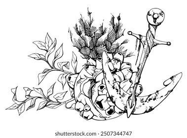 Marine life, sea ocean underwater creatures fish, shells algae seaweed, Ink and pen sketch hand drawn. Composition illustration, stylized, isolated on white. For zoo shop, aquarium, cosmetics, resort