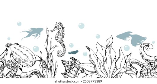 Vida marinha, mar oceano criaturas subaquáticas peixes, conchas algas algas algas algas, tinta e caneta esboço mão desenhada. Ilustração de banner perfeita, estilizada, isolada em branco. Para zootecnia, aquário, decoração de tecido