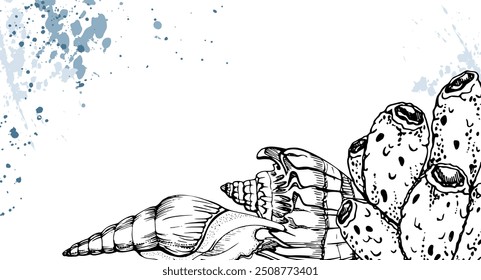 Marine life, sea ocean underwater creatures fish, shells algae seaweed, Ink and pen sketch hand drawn. Border frame illustration, stylized, isolated on white. For zoo shop, aquarium, cosmetics, resort