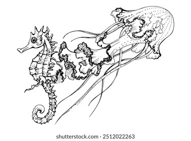 Vida marinha, mar oceano criaturas subaquáticas peixes, conchas algas algas algas algas, tinta e caneta esboço mão desenhada. Ilustração de composição, estilizada, isolada em branco. Para zootecnia, aquário, cosméticos, resort