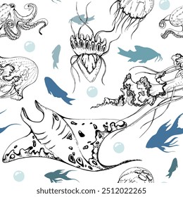 Marine life, sea ocean underwater creatures fish, shells algae seaweed, Ink and pen sketch hand drawn. Seamless pattern illustration, stylized, isolated on white. Zoo shop, aquarium, cosmetics, resort