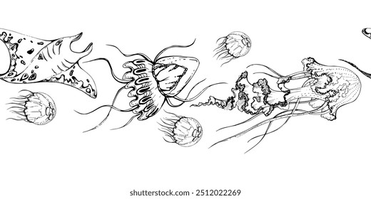 Marine life, sea ocean underwater creatures fish, shells algae seaweed, Ink and pen sketch hand drawn. Seamless banner illustration, stylized, isolated on white. For zoo shop, aquarium, fabric decor