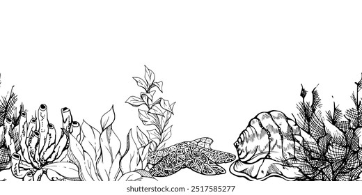 Vida marinha, mar oceano criaturas subaquáticas peixes, conchas algas algas algas algas, tinta e caneta esboço mão desenhada. Ilustração de banner perfeita, estilizada, isolada em branco. Para zootecnia, aquário, decoração de tecido