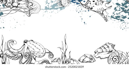 Vida marinha, mar oceano criaturas subaquáticas peixes, conchas algas algas algas algas, tinta e caneta esboço mão desenhada. Ilustração de banner perfeita, estilizada, isolada em branco. Para zootecnia, aquário, decoração de tecido