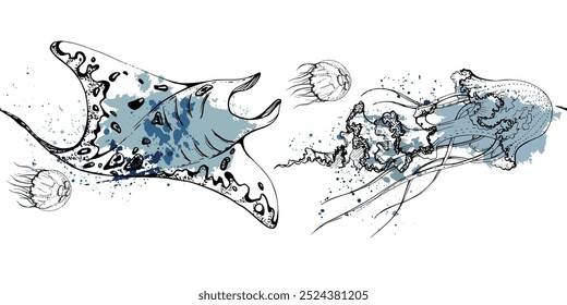 Marine life, sea ocean underwater creatures fish, shells algae seaweed, Ink and pen sketch hand drawn. Seamless banner illustration, stylized, isolated on white. For zoo shop, aquarium, fabric decor