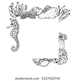 Vida marinha, mar oceano criaturas subaquáticas peixes, conchas algas algas algas algas, tinta e caneta esboço mão desenhada. Ilustração de moldura de borda, estilizada, isolada em branco. Para zootecnia, aquário, cosméticos, resort