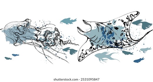 Marine life, sea ocean underwater creatures fish, shells algae seaweed, Ink and pen sketch hand drawn. Seamless banner illustration, stylized, isolated on white. For zoo shop, aquarium, fabric decor