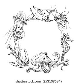 Marine life, sea ocean underwater creatures fish, shells algae seaweed, Ink and pen sketch hand drawn. Border frame illustration, stylized, isolated on white. For zoo shop, aquarium, cosmetics, resort