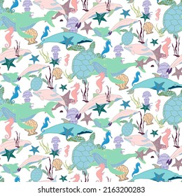 Marine life. Sea seamless pattern with bright whales, jellyfish, sea turtle, seahorse, dolphin. Underwater diving, sea travel. Vector design for textiles, wrapping paper, fabric, wallpaper, wall art