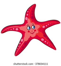 Marine life. Sea star.Vector illustration for children with isolated image of funny happy cartoon red starfish.