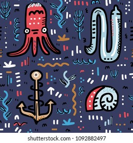 Marine life seamless background. Octopus, moray, anchor, shell and other handdrawn elements. Vector nautical concept.