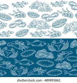 Marine life seamless borders. Lined seafood pattern vector illustration