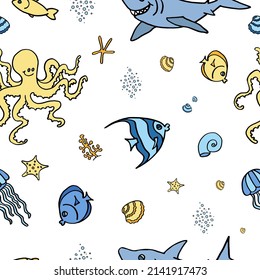 Marine life seamless kids pattern with shark, octopus, starfish, shells and fish.