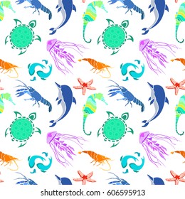 Marine life. Seamless multicolored pattern. Vector illustration in a flat style.