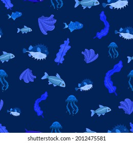 Marine life seamless pattern. Blubber, shell, x-ray fish, pufferfish. Underwater inhabitants. Ocean bottom nature background. Fabric design in cartoon style. Vector repeating blue color texture