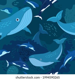 Marine life seamless pattern. Blue whales and dolphins. Undersea animals. Ocean bottom nature background. Fabric graphic design in a flat cartoon style. Editable vector texture in aquamarine colors