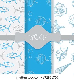 Marine life seamless pattern collection. Set of hand drawn sea topic seamless backgrounds.