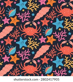 Marine Life Seamless Pattern with Crabs Coral and Seashells on Dark Background