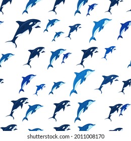Marine life seamless pattern. Dolphins and killer whales. Underwater inhabitants. Ocean bottom nature geometrical background. Fabric graphic design in cartoon style. Vector repeating colorful texture