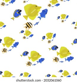 Marine life seamless pattern. Fish shoal. Underwater inhabitants. Ocean bottom nature simple background. Fabric graphic design in modern cartoon style. Editable vector repeating colorful texture