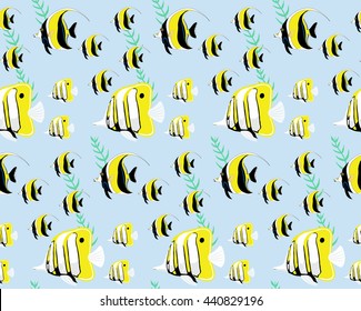 Marine life seamless pattern. Fish  on blue sea background. Vector illustration