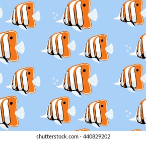 Marine life seamless pattern. Fish  on blue sea background. Vector illustration