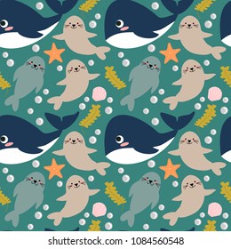Marine life seamless pattern, including whale, seal and seashell.
