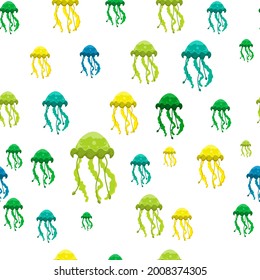 Marine life seamless pattern. Jellyfish. Underwater inhabitants. Ocean bottom nature geometrical background. Fabric graphic design in a modern cartoon style. Editable vector repeating colorful texture