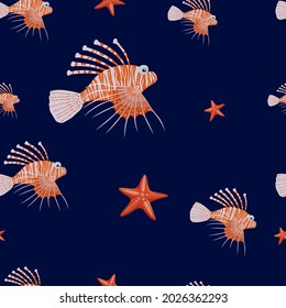 Marine life seamless pattern. Lionfish and starfish. Underwater inhabitants. Ocean bottom nature asteroid and lion fish background. Fabric design in cartoon style. Vector repeating colorful texture