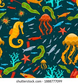 Marine life seamless pattern. Nettle fish. Different corals. Coral reef. Ocean bottom nature background. Fabric graphic design in a flat cartoon style. Editable vector texture in bright colors