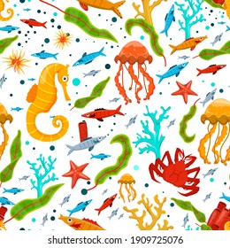 Marine life seamless pattern. Nettle fish. Different corals. Coral reef. Ocean bottom nature background. Fabric graphic design in a flat cartoon style. Editable vector texture in bright colors