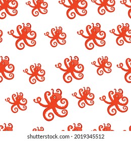 Patrón de la vida marina sin fisuras. Octopus. Habitantes subacuáticos. Fondo geométrico de la naturaleza del fondo oceánico. Diseño gráfico de tela en un estilo de caricatura moderno. Textura de color repetible vectorial editable