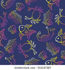 marine life seamless pattern on blue